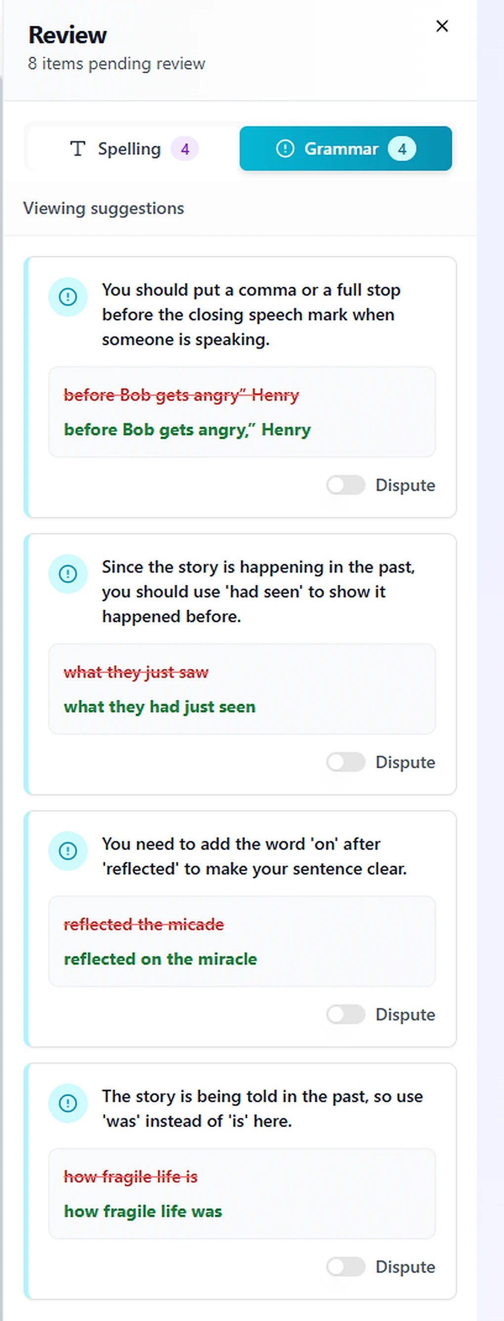 Classpilot review panel listing grammar suggestions one by one